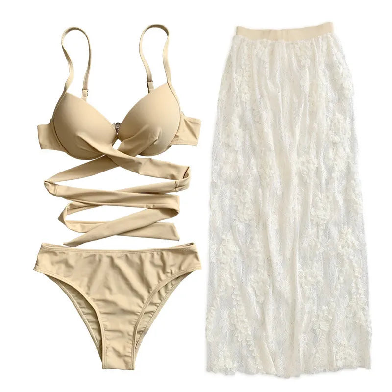 Creamy White three-piece backless push-up bikini set with matching skirt on a mannequin.