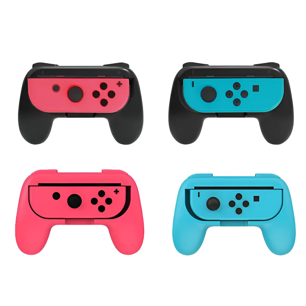 Nintendo Switch Joy-Con accessory grips in black and red blue colours