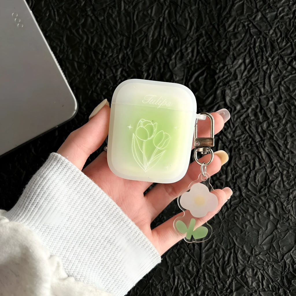 Transparent green TPU earphone sleeve with embossed cartoon tulip design for Apple AirPods