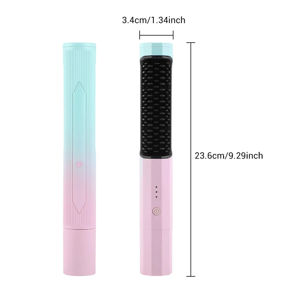 Pink cordless rechargeable straightening comb for hair with USB charging cable