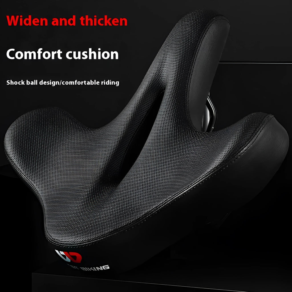 Black leather bicycle saddle cushion with thick foam padding for mountain bikes.
