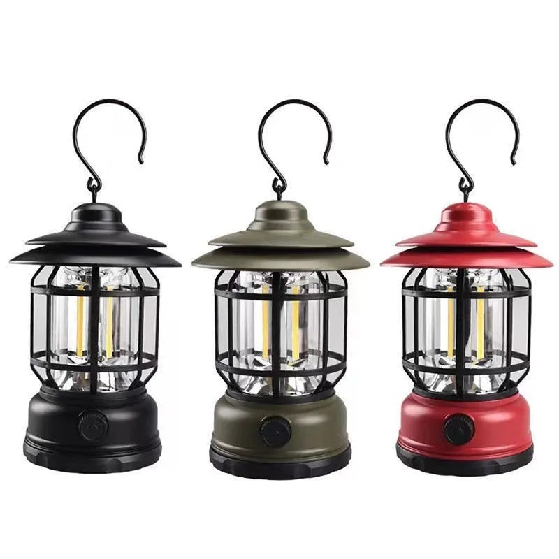 Portable black camping head lamp and lantern with super bright light, shown next to red and dark green colour options.