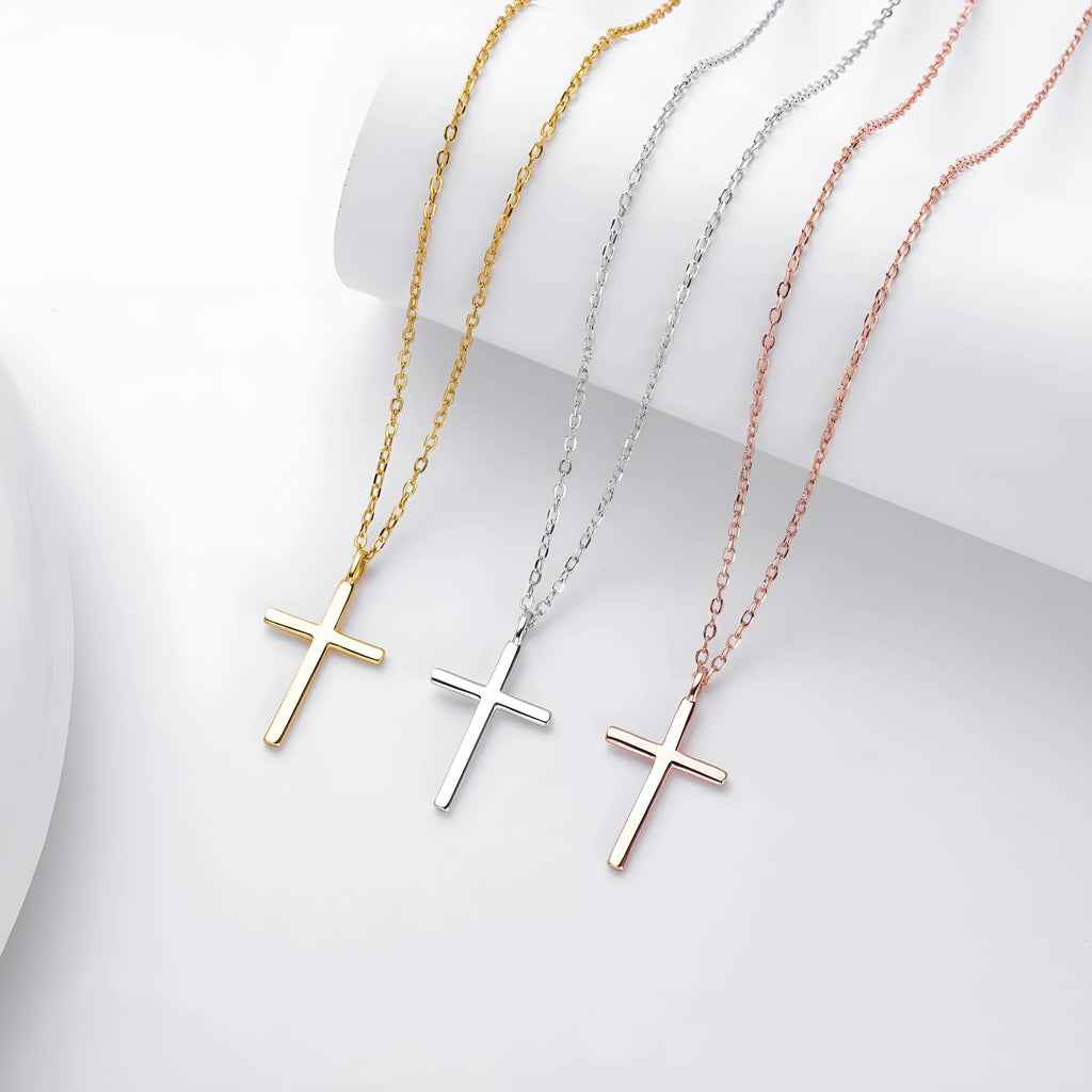 S925 sterling silver cross pendant necklace with adjustable chain in gold, platinum, or rose gold plating