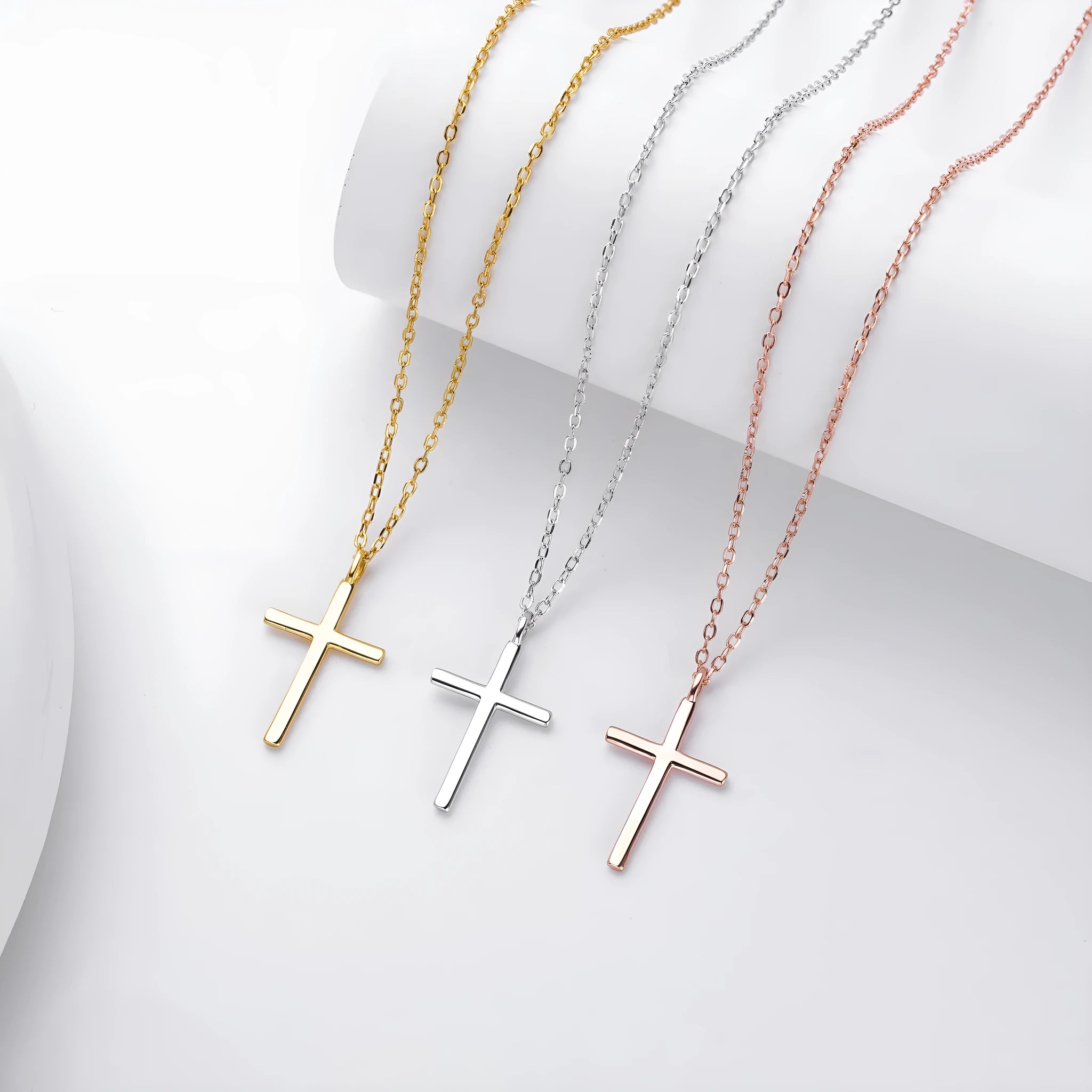 S925 sterling silver cross pendant necklace with adjustable chain in gold, platinum, or rose gold plating