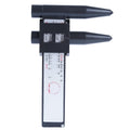 Electronic digital plastic caliper hole distance measuring tool on a plain background.