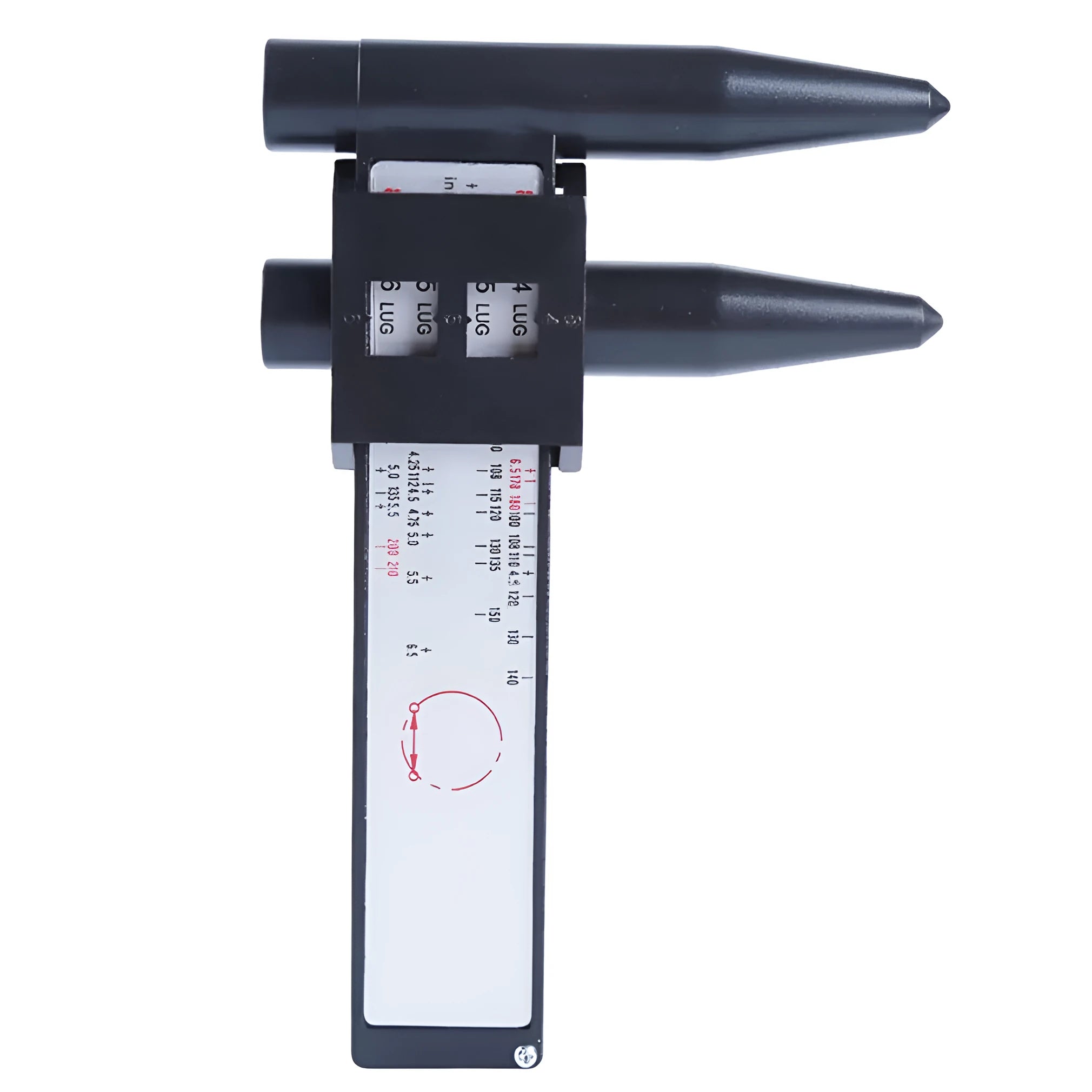 Electronic digital plastic caliper hole distance measuring tool on a plain background.
