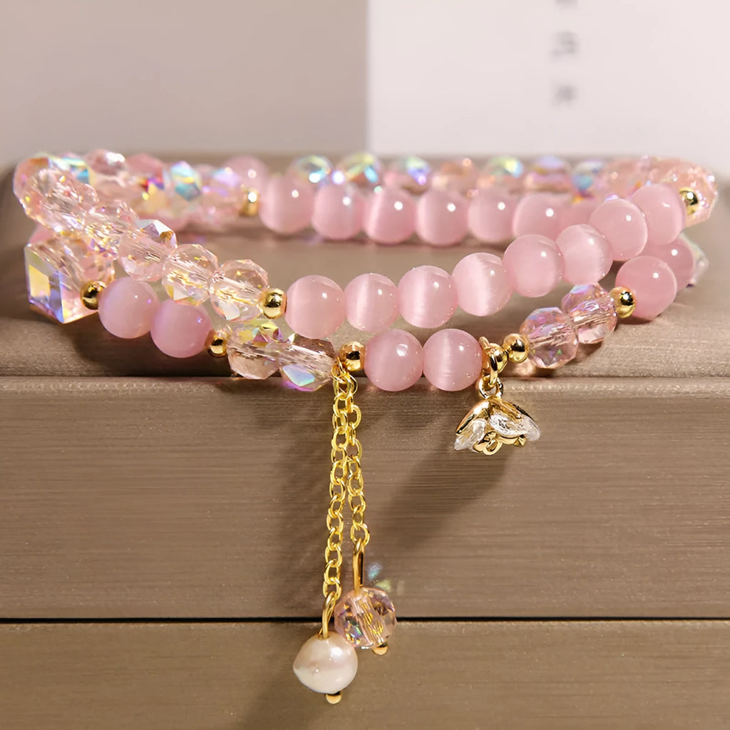 New Chinese style opal double ring bracelet for women with gold-plated cat eye crystal and zircon flower