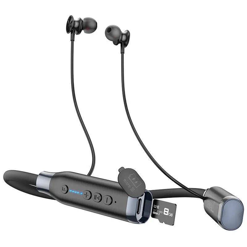 Halter wireless sports Bluetooth earphone with neck hanging design and digital display in black colour