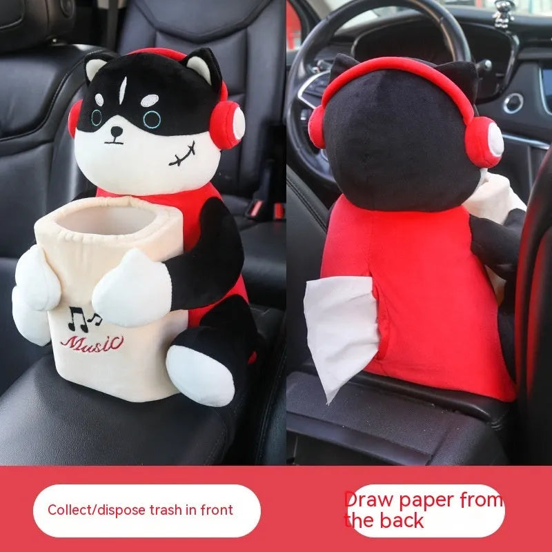 Plush car tissue box hanging from vehicle armrest in character design