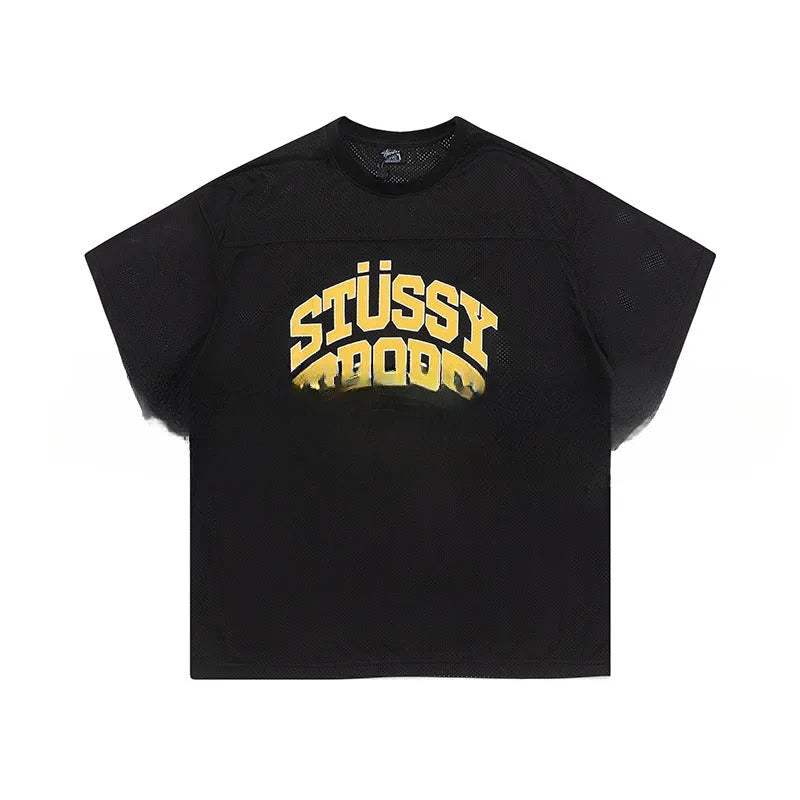 Cotton letter print loose fit short sleeve t-shirt in black pullover style for casual wear