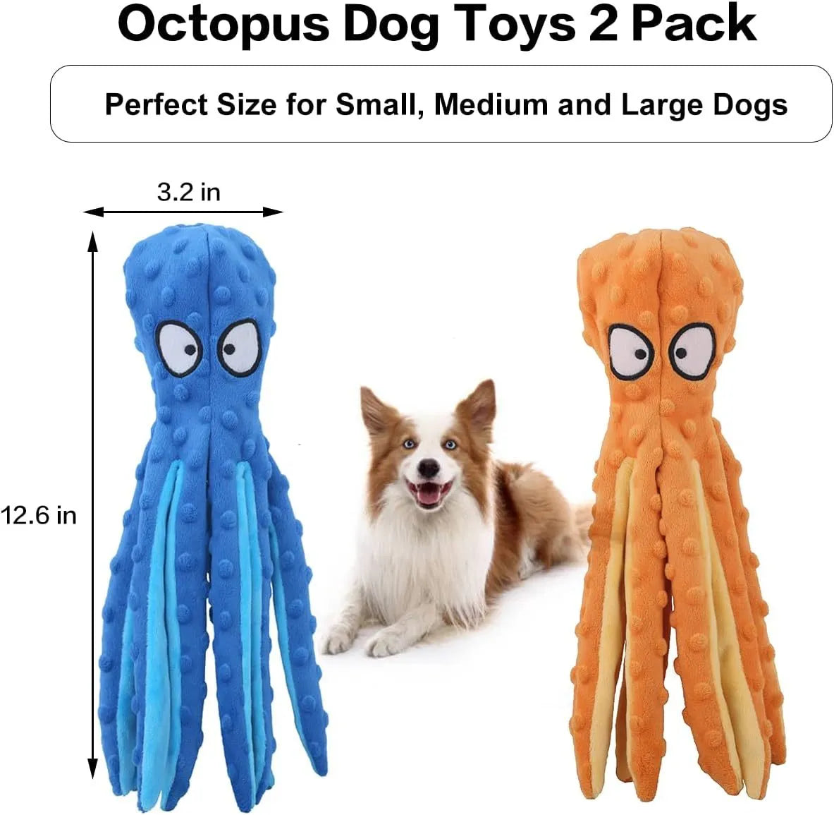 Blue octopus-shaped dog chew toy with tentacles, no stuffing, crinkle and squeaker sounds
