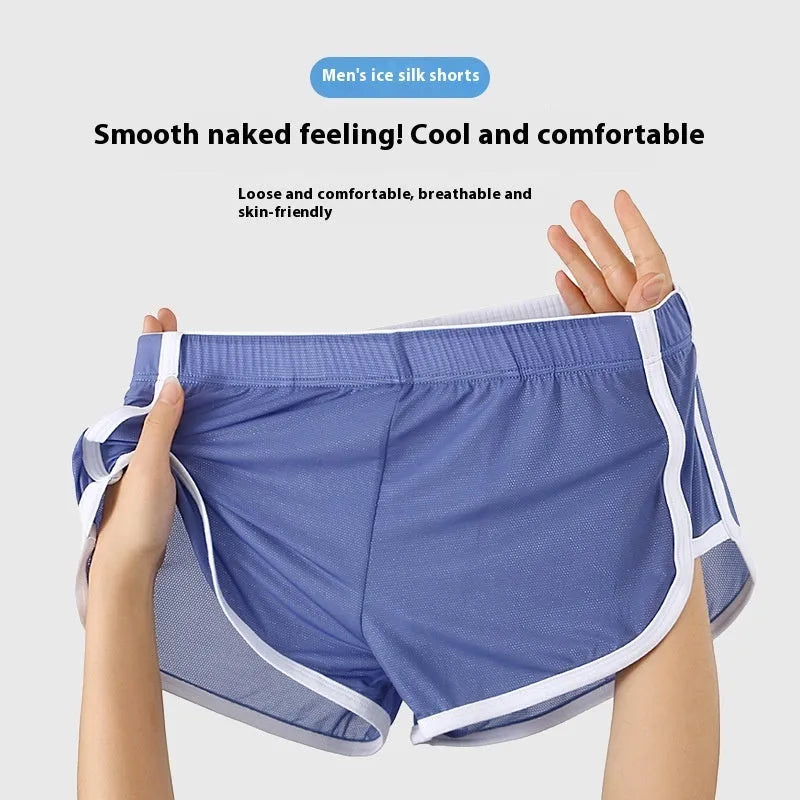 Men's low waist boxer shorts in ice silk fabric, shown in various colours including black, army green, and light purple