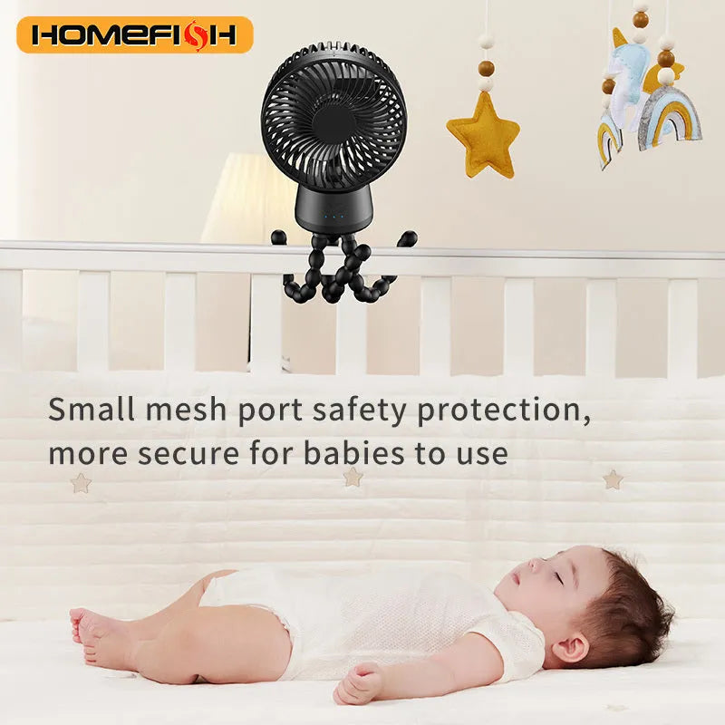 HOMEFISH F2 automatic head shaking portable fan with removable bracket and LED light on a table