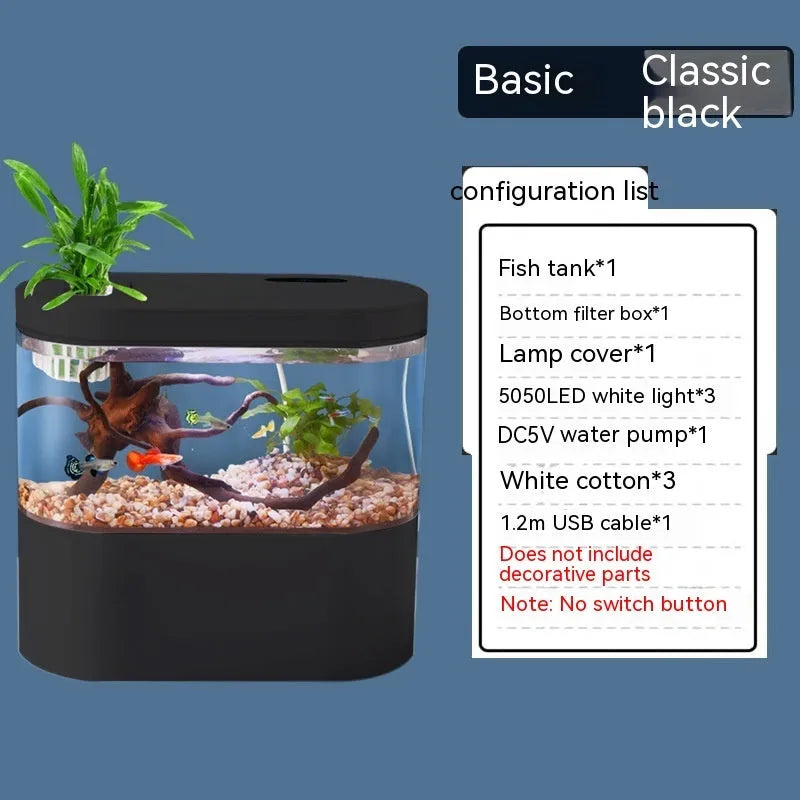 Desktop self-circulation mini aquarium with LED light and USB pump in black plastic