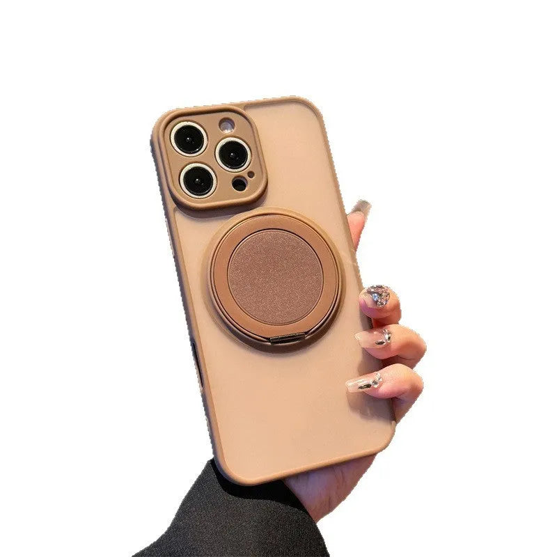Black frosted phone case for iPhone 17 with a rotating kickstand extended and visible magnetic ring on the back.