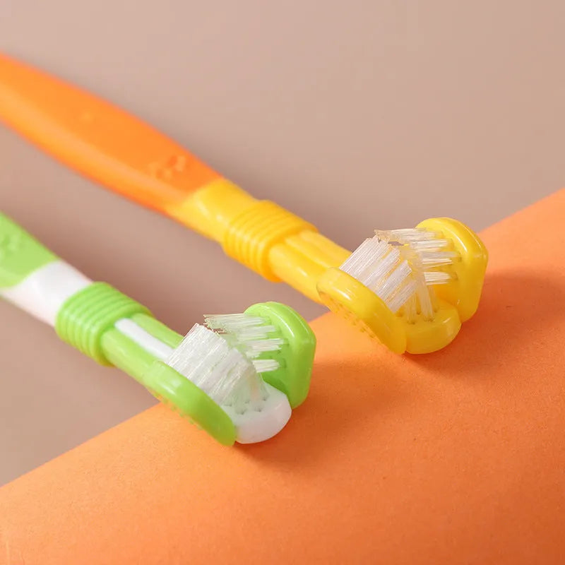 Pet toothbrush in assorted colours including orange, green, yellow, blue pink, and black and yellow.
