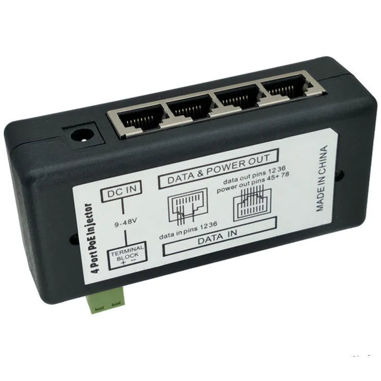 Black four-port centralized DC power supply box with RJ-45 interfaces for TV, PoE, or syringe-pump equipment