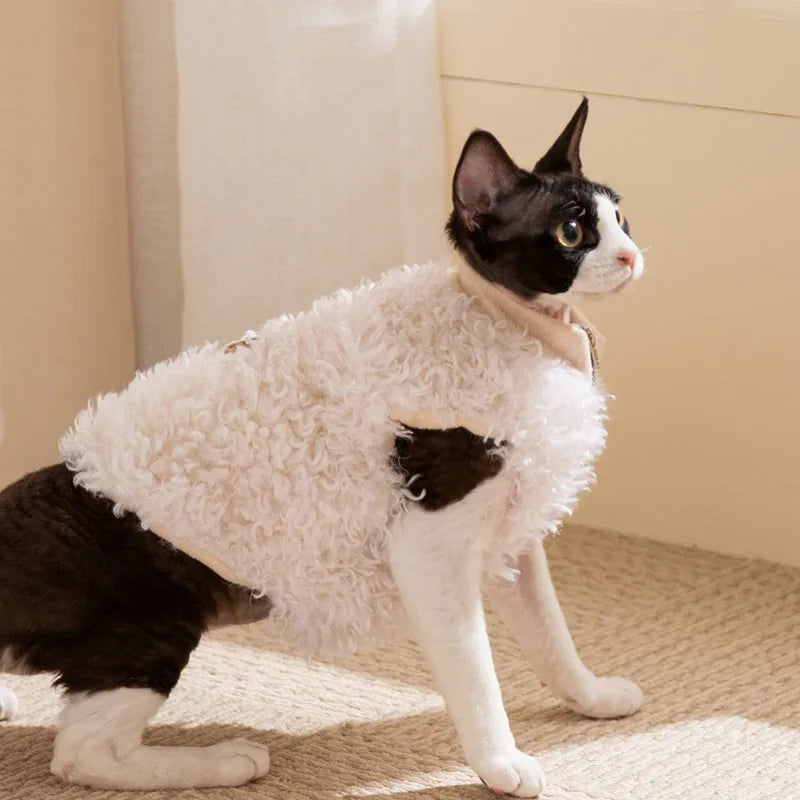 White fluffy lamb wool pet vest with 3D panda patch and "You Shine" tag for small cats and dogs.