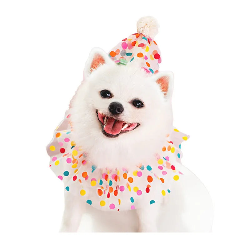 Pet polka dot lace bib dog birthday suit with colourful dots hat and saliva towel for small to medium dogs