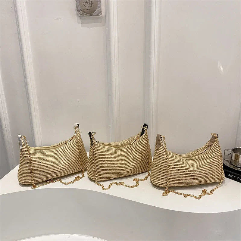 Women's woven straw crossbody bag with internal phone compartment in black, khaki, or white