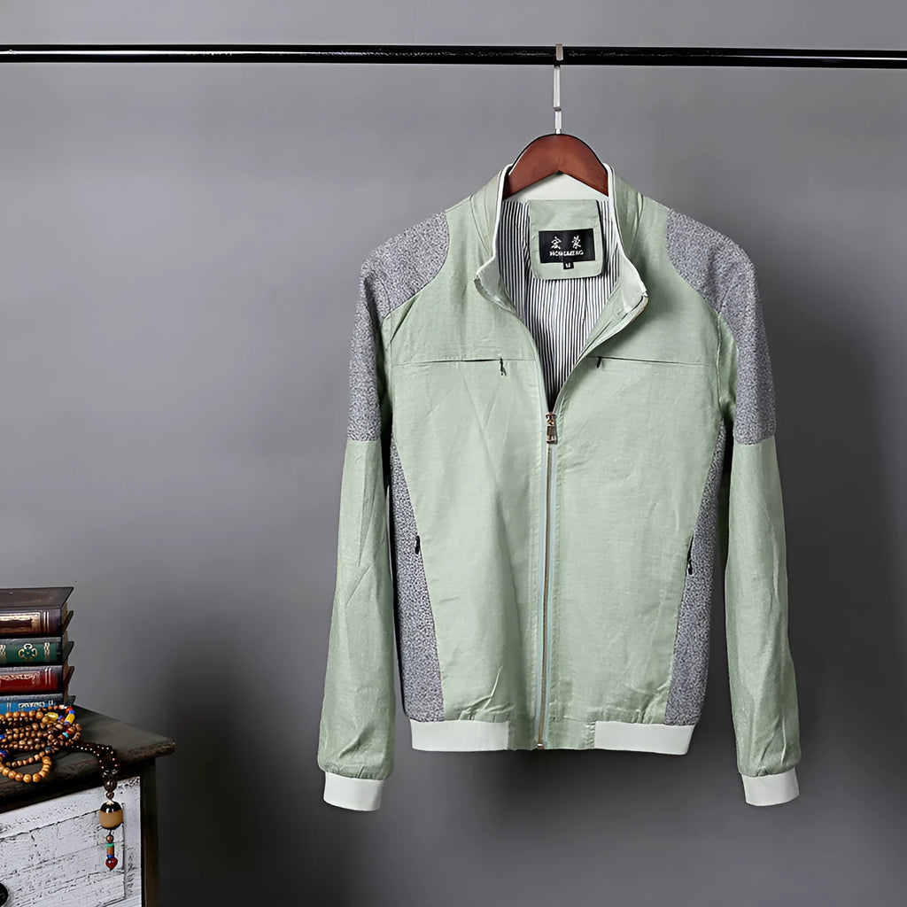 Men's thin linen jacket in cotton fabric showing regular fit with heather grey, grass green and blue colour options