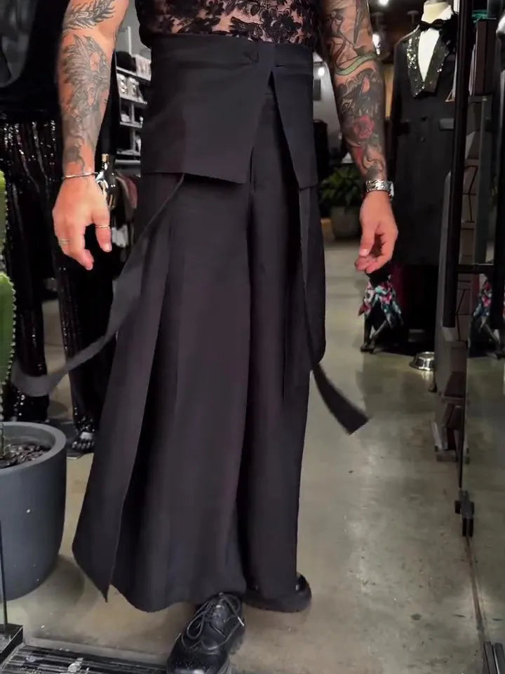 Men's casual strappy solid colour wide-leg ankle-length polyester pants in black