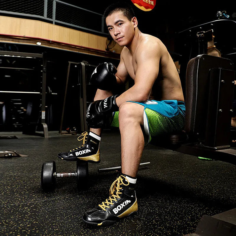 High-top combat training wrestling shoes with soft rubber soles in black gold colour