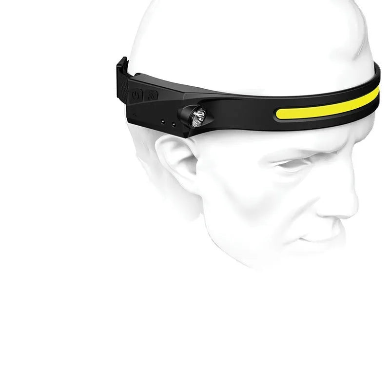 Black silicone USB rechargeable headlamp with wide LED beam and side wave sensor for outdoor use.