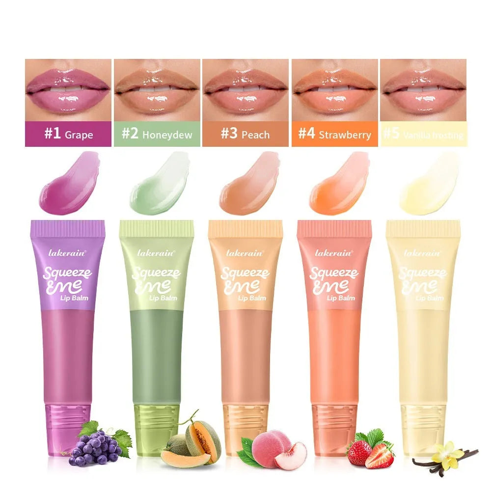 6g squeeze lip balm tube with sweet fruit flavours including Grape, Honeydew, Peach, Strawberry, and Vanilla Frosting.