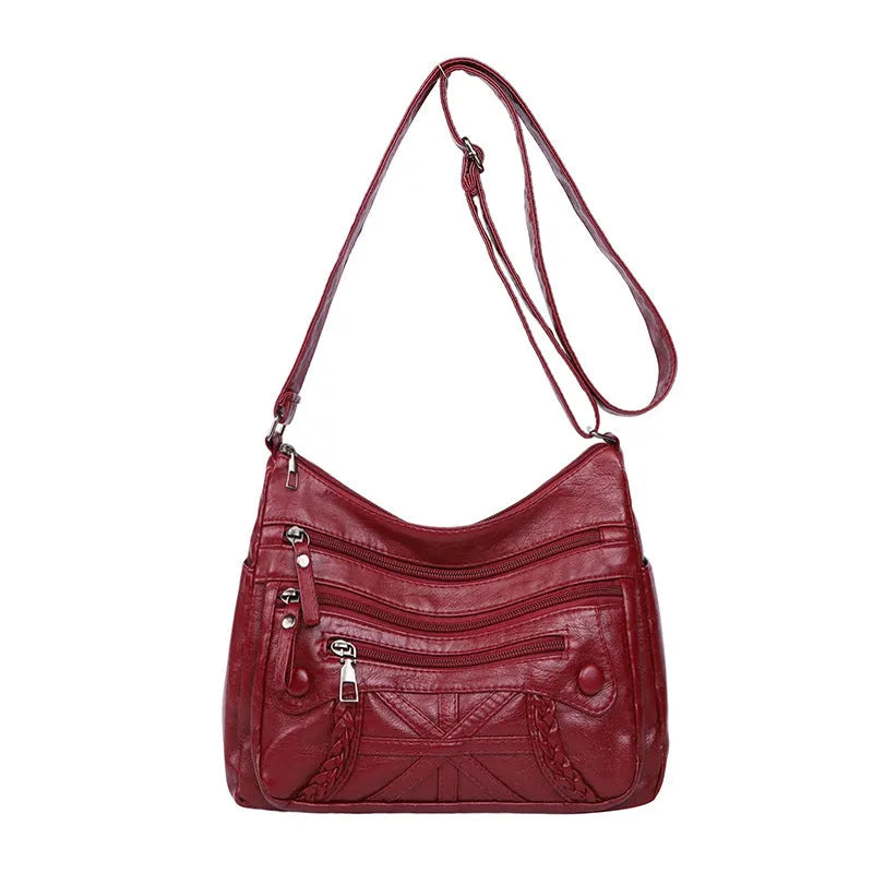 Soft PU casual messenger bag with multi-layer multi-pocket design in black colour