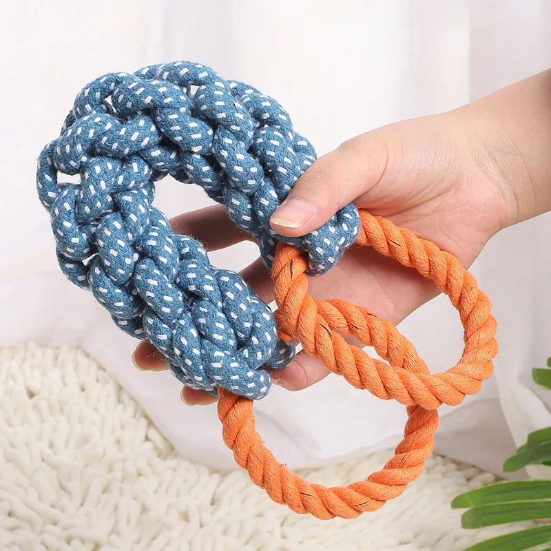 Blue double-ring braided cotton bone shape dog chew and tug toy