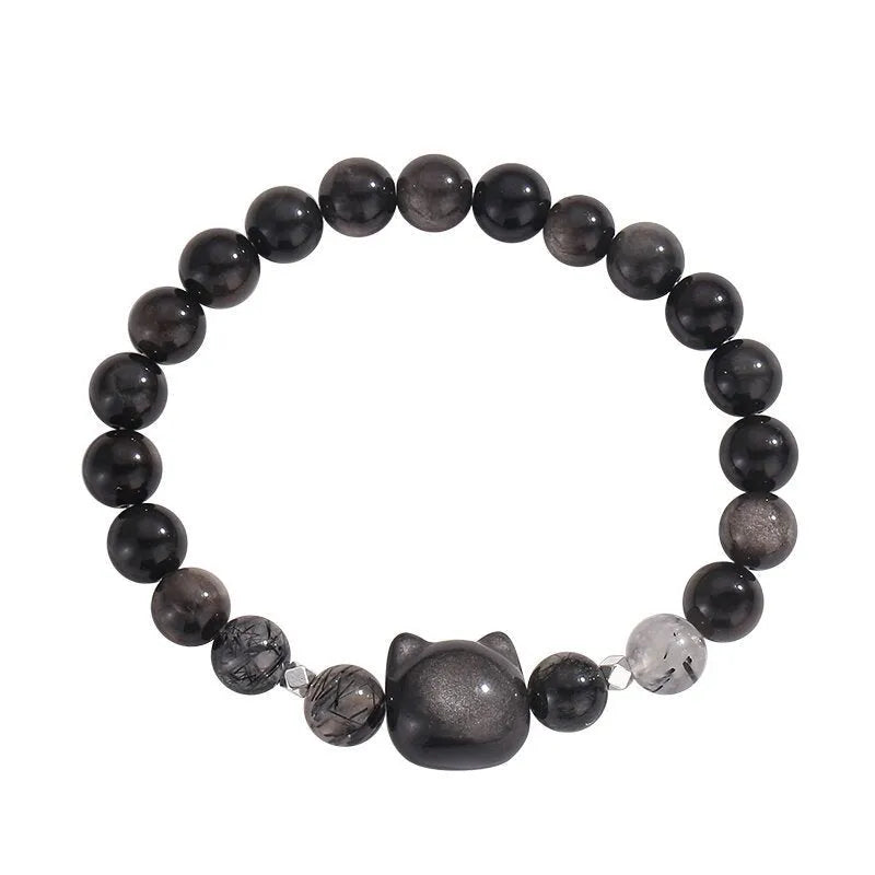 Natural silver stone cat crystal couple bracelet with obsidian material and electroplated finish
