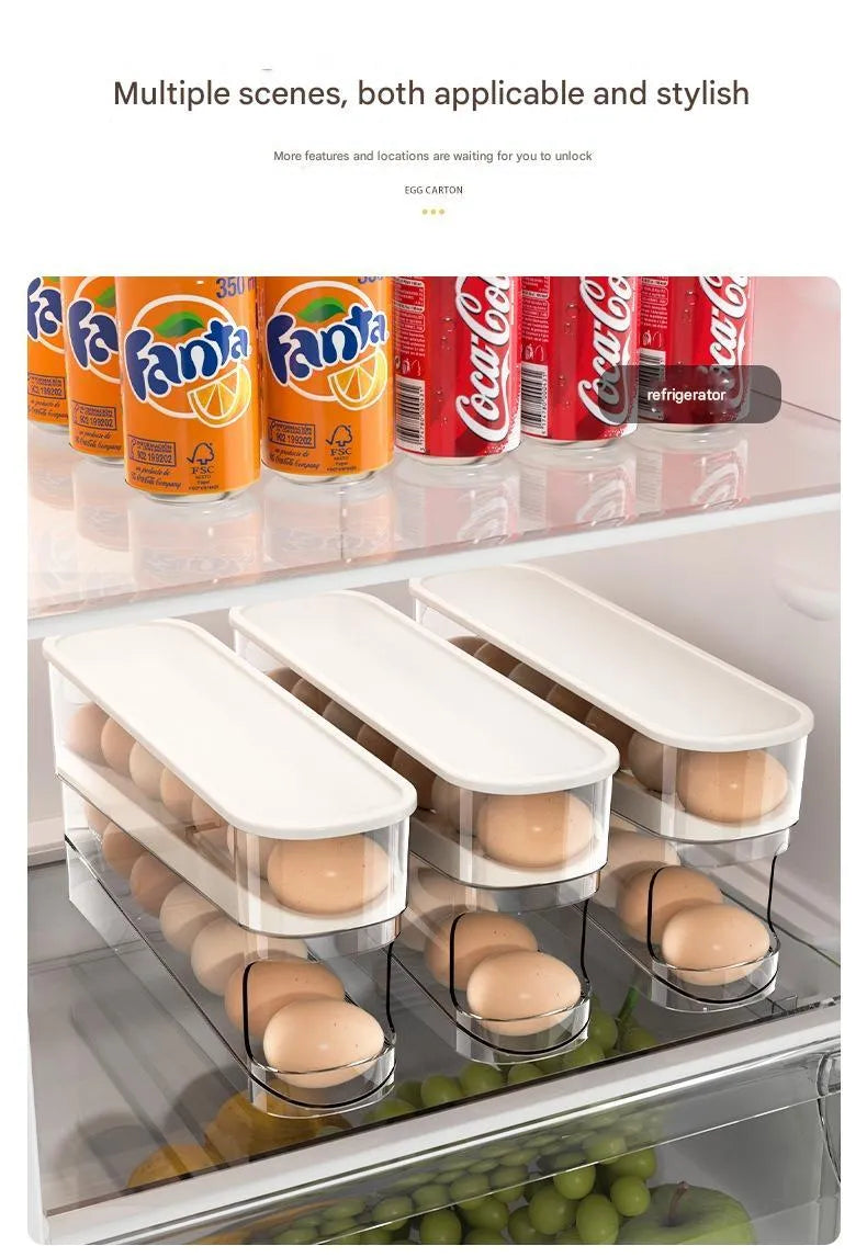 White plastic slide-out egg tray for refrigerator door with automatic dispenser and clear view window.