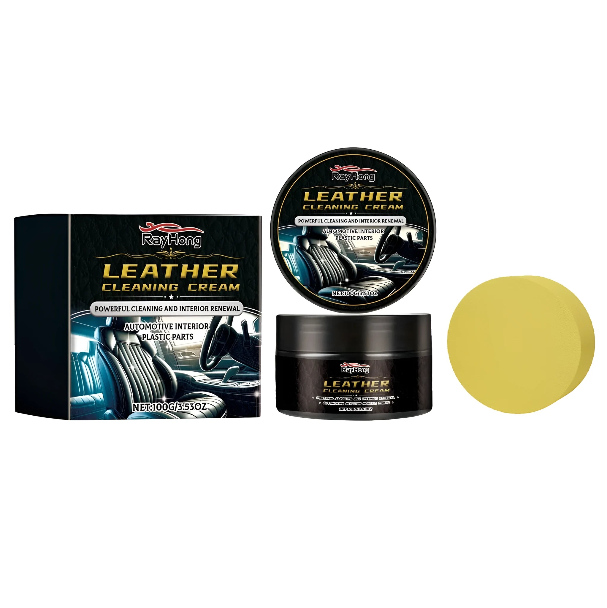 Leather cleaning cream kit showing 100g PET bottle and textured application sponge for shoes and bags