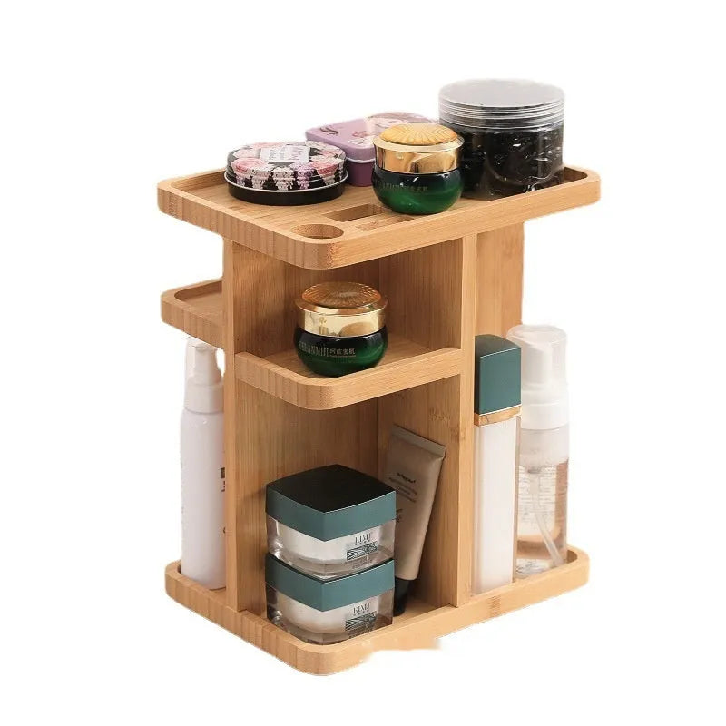 Bamboo rotating storage rack with multiple grid layers for home organisation