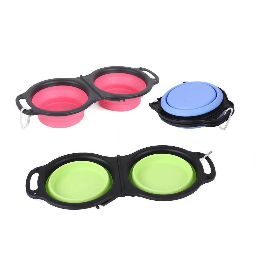 Blue folding silicone double pet bowl for dogs and cats, shown both open and collapsed flat