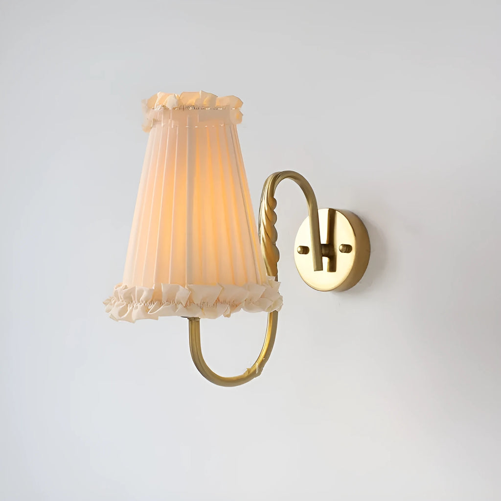 Wheat wall lamp with fabric shade and iron frame mounted on a bedroom wall with warm non-stroboscopic light