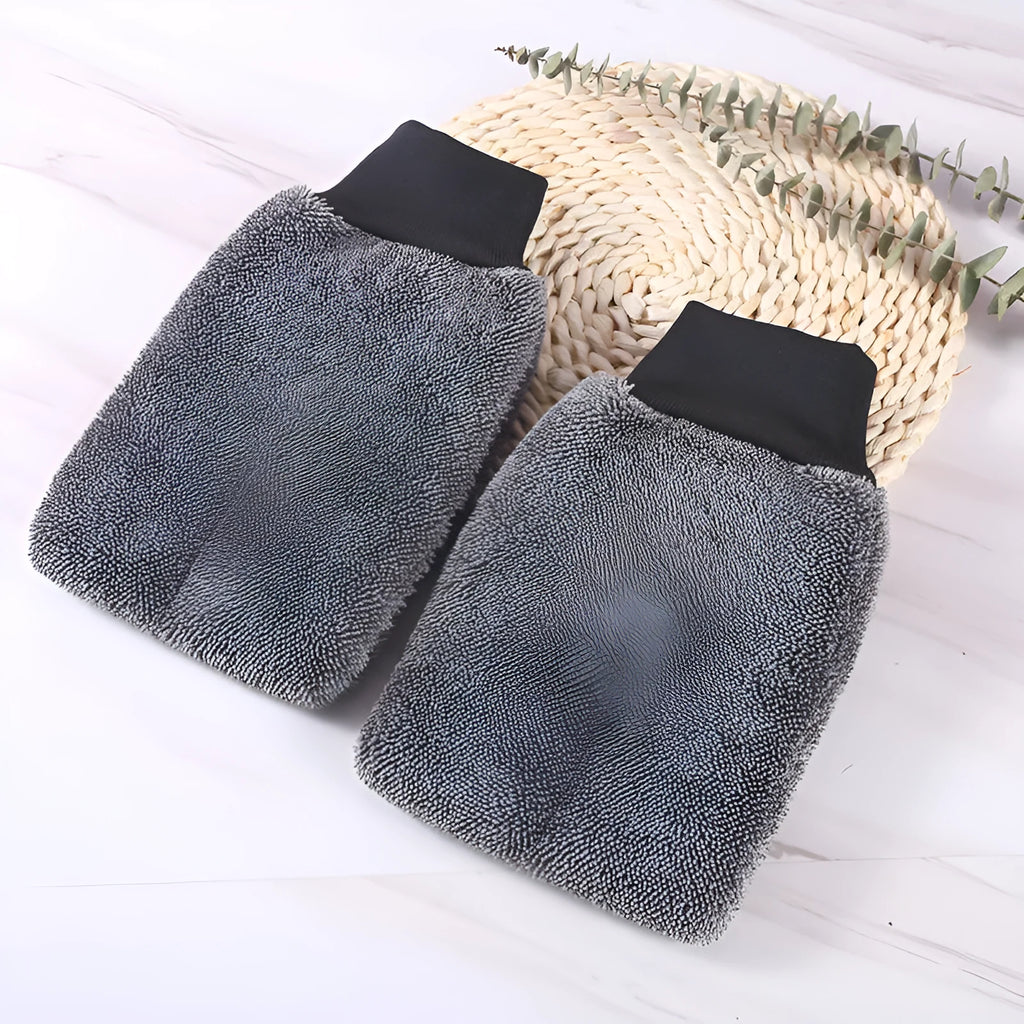 Pair of grey microfibre car cleaning gloves, 16cm x 26cm, with twisted braid spiral hair texture