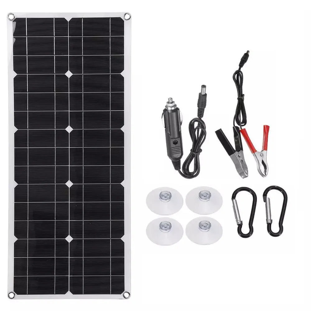 30W semi-flexible black solar panel showing USB port and output cables on a textured surface.