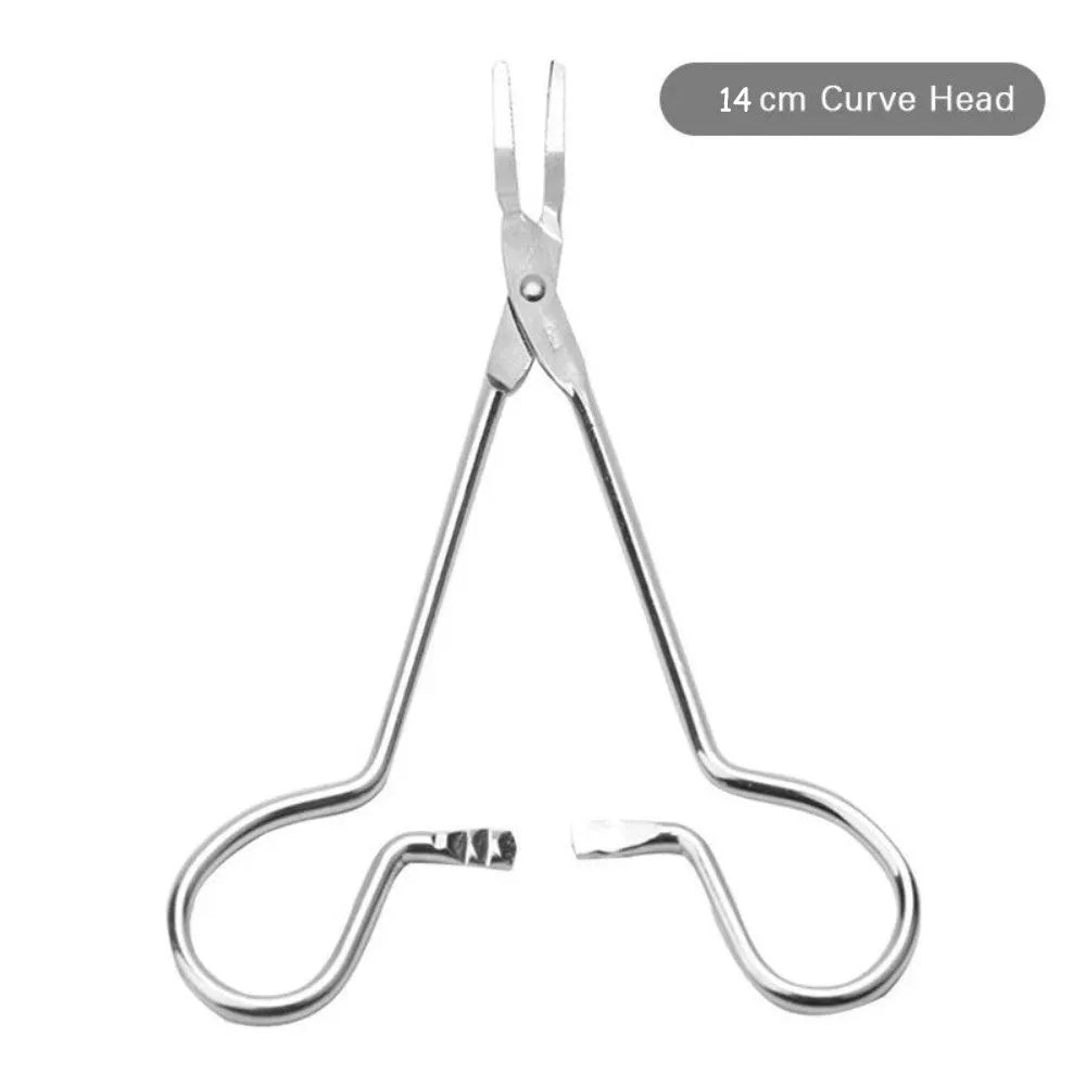 Silver stainless steel pet grooming tweezers for ear hair removal and cleaning, showing curved and straight tip designs.