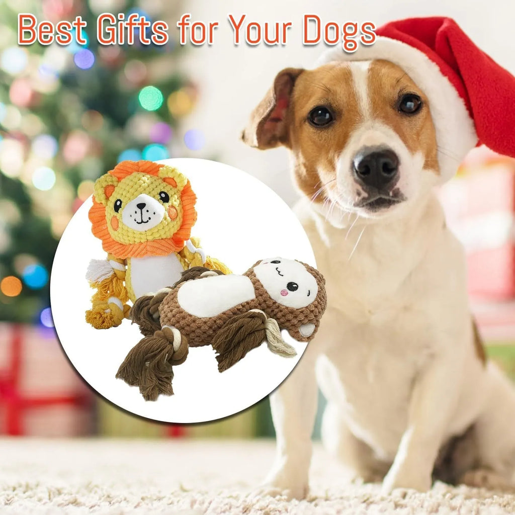 Lion and monkey plush squeaky dog toys showing size comparison