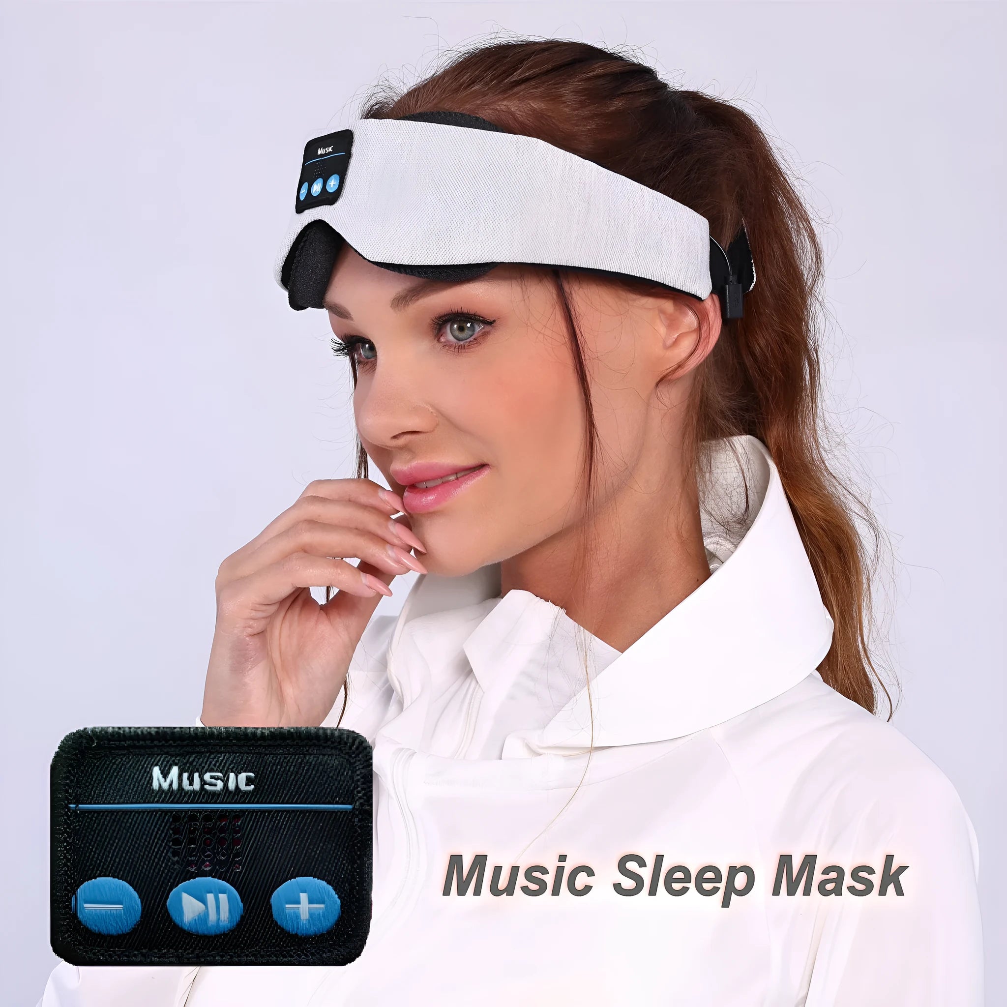 Grey outline Bluetooth sleeping eye mask with integrated speakers for pressure-free eyelash protection