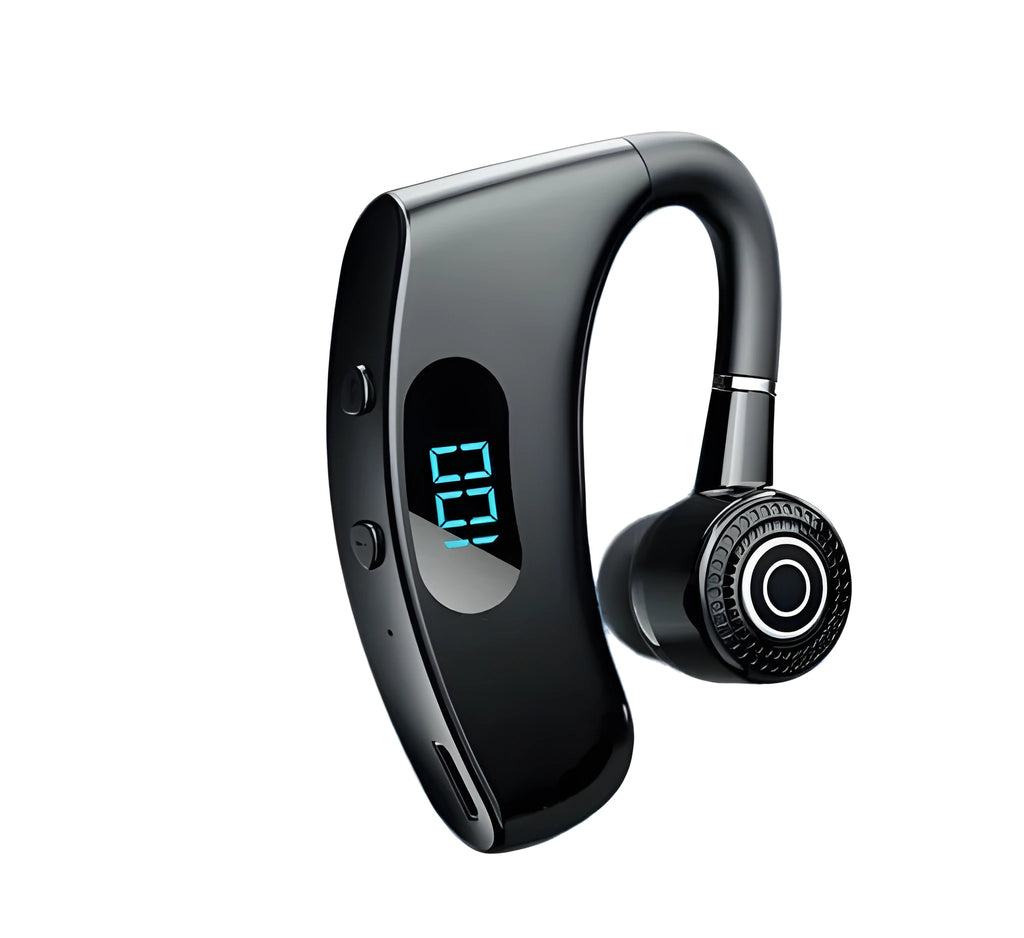 Digital display business earphones with charging compartment in Black showing battery level