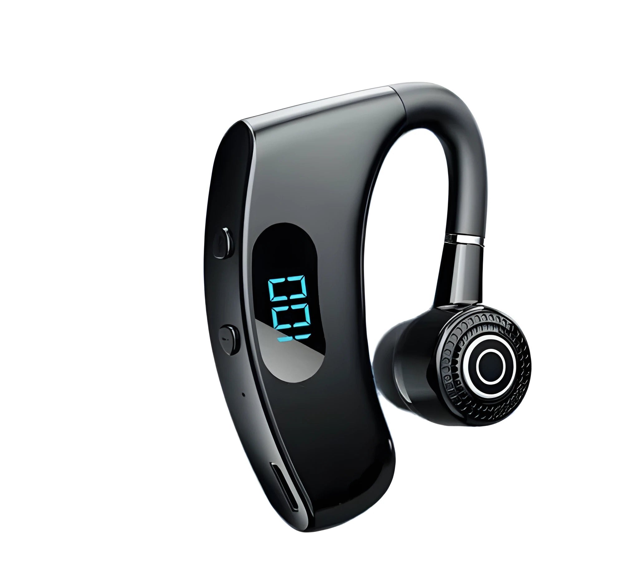 Digital display business earphones with charging compartment in Black showing battery level