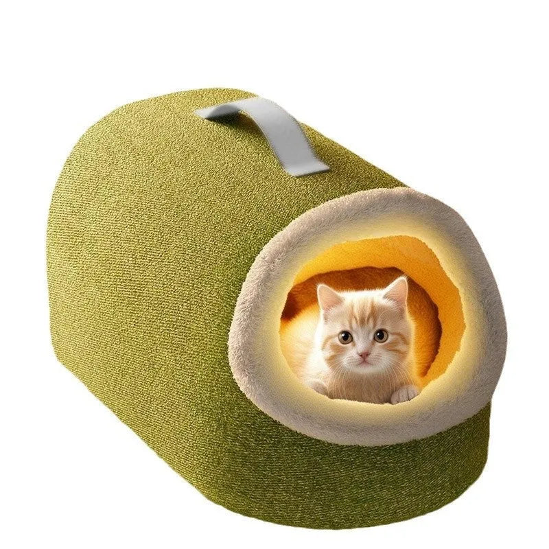 Winter warm closed cat nest in Matcha Green, plush fabric, 42x28x28cm size