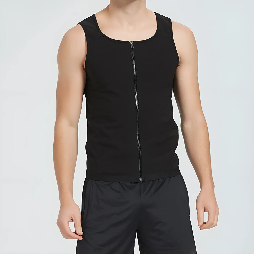 Men's black polyester zip storm sweatshirt with full-length front zip, front view, for running and gym training