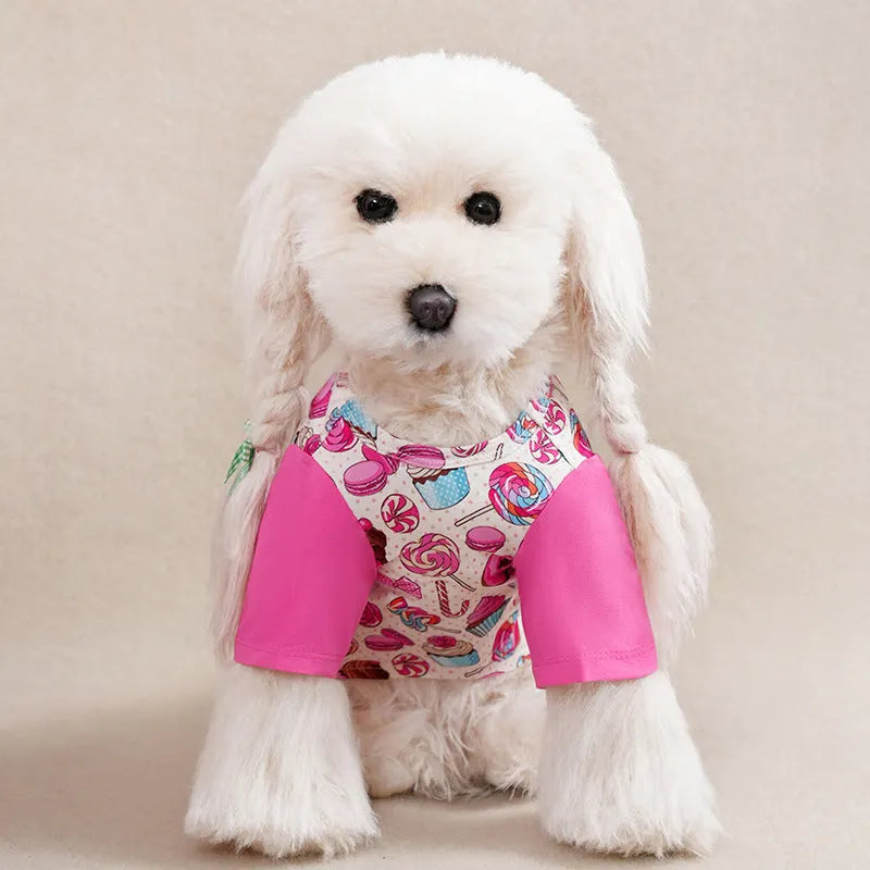 Full print casual T-shirt on a small dog, showing the patterned polyester fabric.