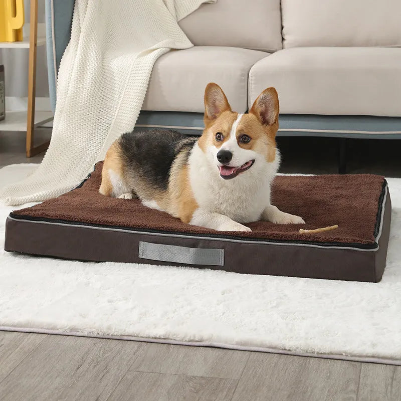 Removable washable sponge dog mat in brown, shown next to size options.