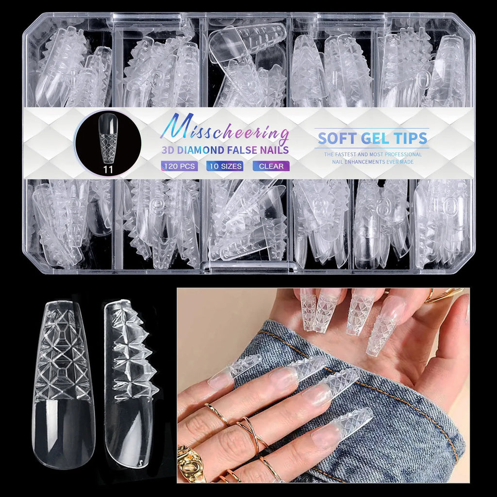 Long shaped false nail tips with an embossed 3D diamond pattern on the surface