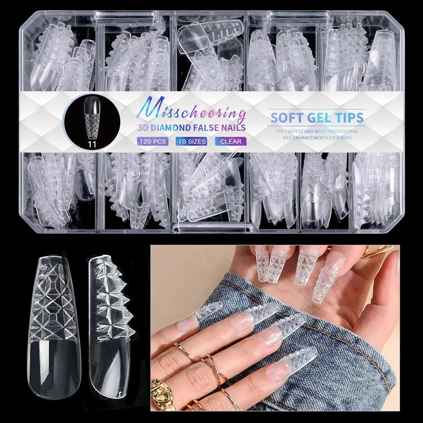 Long shaped false nail tips with an embossed 3D diamond pattern on the surface